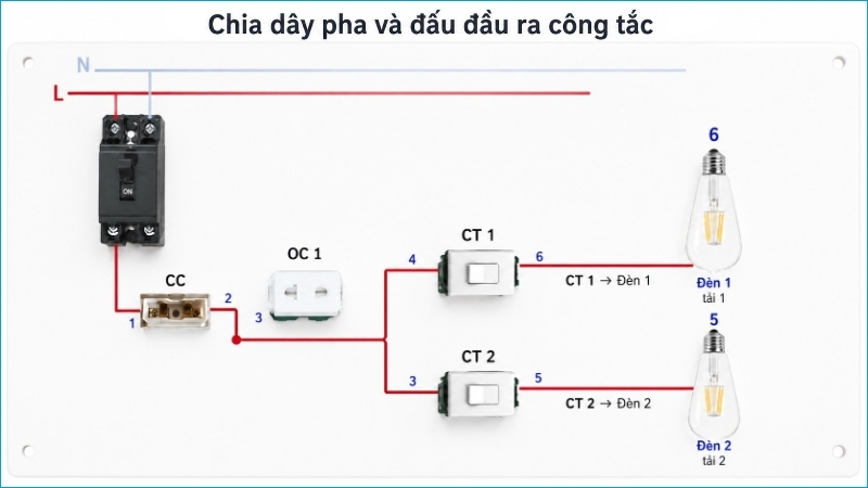 Dây pha sau cầu chì được chia đến ổ cắm, CT1 và CT2, sau đó đi riêng đến từng đèn