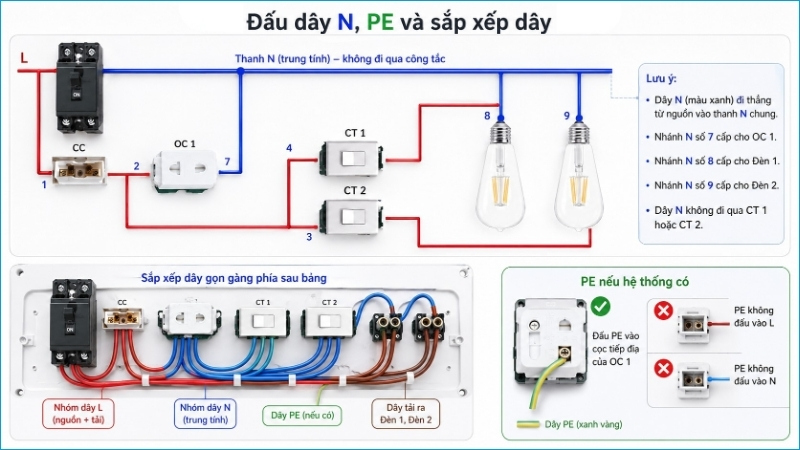 Dây N nối trực tiếp đến ổ cắm và hai đèn; dây PE chỉ nối đúng chân tiếp địa nếu hệ thống có