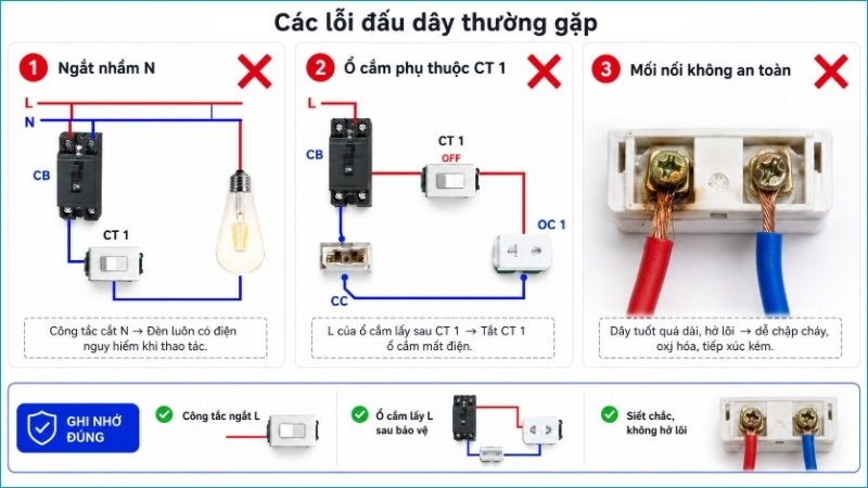 Ba lỗi phổ biến gồm ngắt nhầm dây N, cấp ổ cắm qua công tắc và để mối nối lỏng