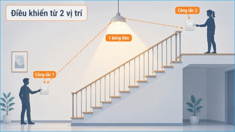 Hai công tắc ở hai đầu cầu thang có thể cùng điều khiển một bóng đèn