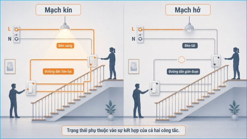 Đèn sáng khi mạch kín và tắt khi đường dẫn giữa hai công tắc bị gián đoạn