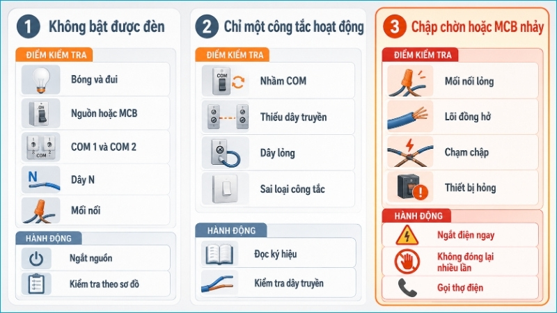 Có thể khoanh vùng lỗi dựa trên biểu hiện của đèn, công tắc và aptomat