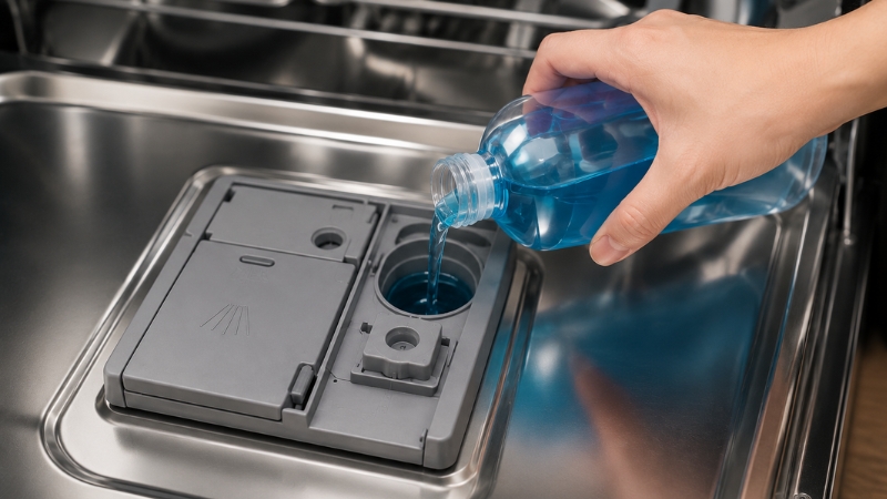 Châm nước trợ xả đến mốc Max tại khay chứa ở cửa máy Châm nước trợ xả đến mốc Max tại khay chứa ở cửa máy