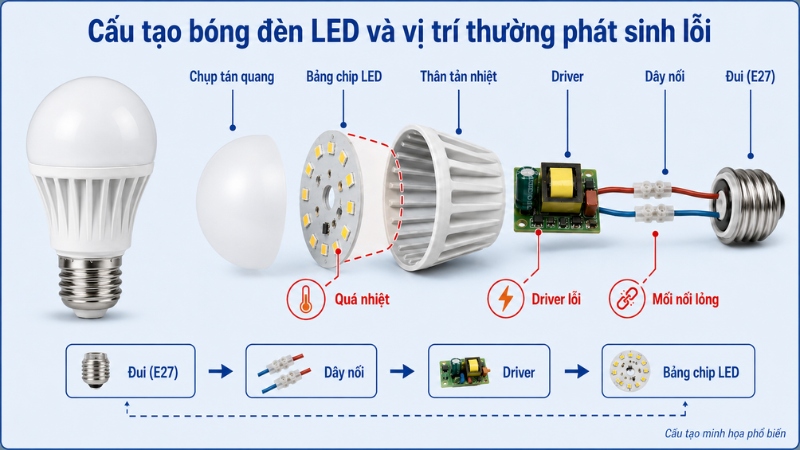 Chip LED, bộ nguồn, mối nối và tản nhiệt là những vị trí cần kiểm tra khi bóng gặp lỗi Chip LED, bộ nguồn, mối nối và tản nhiệt là những vị trí cần kiểm tra khi bóng gặp lỗi
