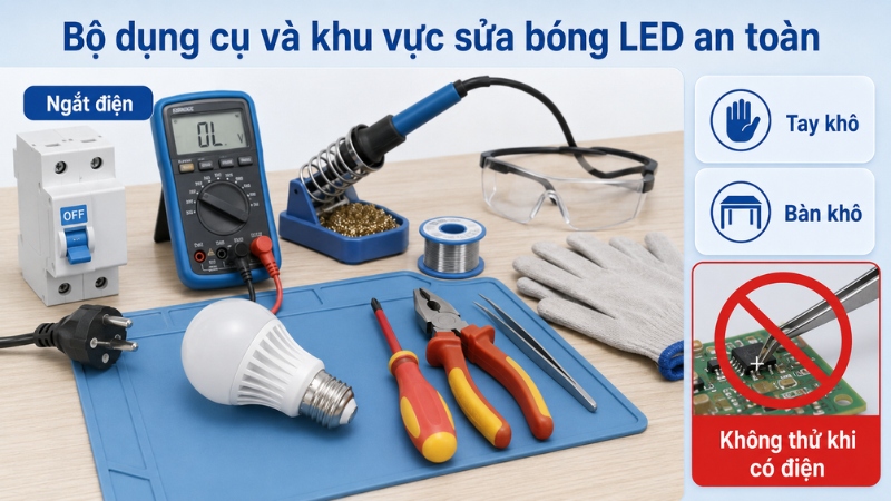 Khu vực sửa cần khô ráo, đủ sáng và bảo đảm bóng đã được ngắt hoàn toàn khỏi nguồn điện Khu vực sửa cần khô ráo, đủ sáng và bảo đảm bóng đã được ngắt hoàn toàn khỏi nguồn điện