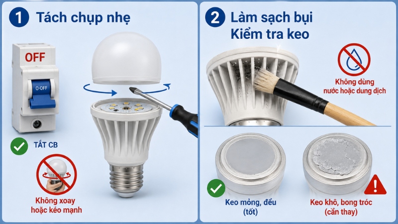 Mở chụp từ từ và làm sạch tản nhiệt trước khi kiểm tra các linh kiện bên trong Mở chụp từ từ và làm sạch tản nhiệt trước khi kiểm tra các linh kiện bên trong