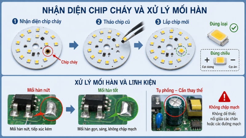 Chip thay thế phải đúng loại, đúng chiều và các mối hàn không được nối chập đường mạch Chip thay thế phải đúng loại, đúng chiều và các mối hàn không được nối chập đường mạch