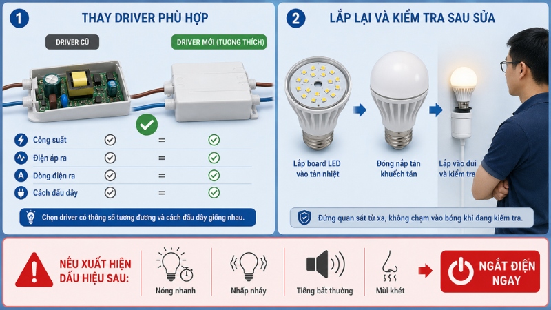 Driver cần tương thích và bóng phải được ngắt điện ngay nếu xuất hiện dấu hiệu bất thường sau sửa Driver cần tương thích và bóng phải được ngắt điện ngay nếu xuất hiện dấu hiệu bất thường sau sửa
