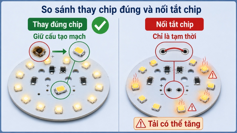 Thay chip tương thích giúp giữ cấu tạo mạch, trong khi nối tắt chỉ nên được xem là giải pháp tạm thời Thay chip tương thích giúp giữ cấu tạo mạch, trong khi nối tắt chỉ nên được xem là giải pháp tạm thời