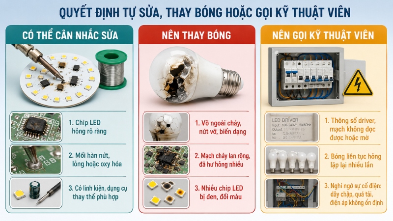 Mức độ hư hỏng và khả năng xác định nguyên nhân quyết định nên tự sửa, thay bóng hay gọi kỹ thuật viên Mức độ hư hỏng và khả năng xác định nguyên nhân quyết định nên tự sửa, thay bóng hay gọi kỹ thuật viên