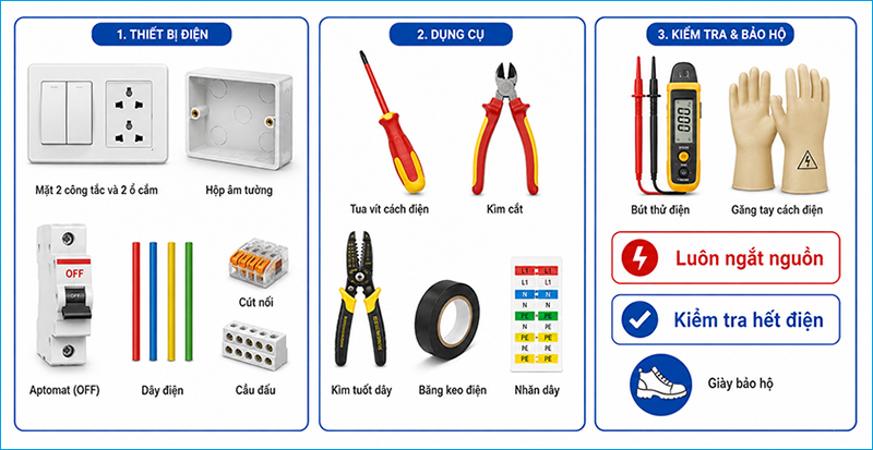 Chuẩn bị dụng cụ cách điện và thiết bị kiểm tra trước khi mở bảng điện Chuẩn bị dụng cụ cách điện và thiết bị kiểm tra trước khi mở bảng điện