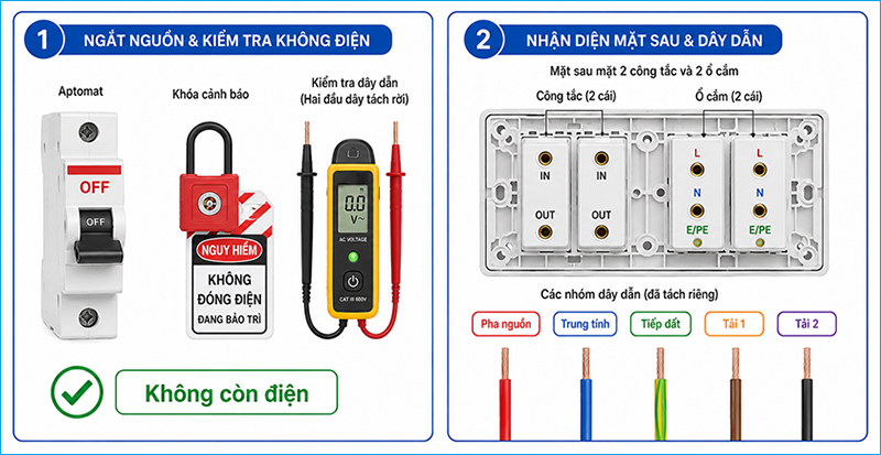 Ngắt nguồn, kiểm tra mất điện và đánh dấu từng dây trước khi đấu nối Ngắt nguồn, kiểm tra mất điện và đánh dấu từng dây trước khi đấu nối