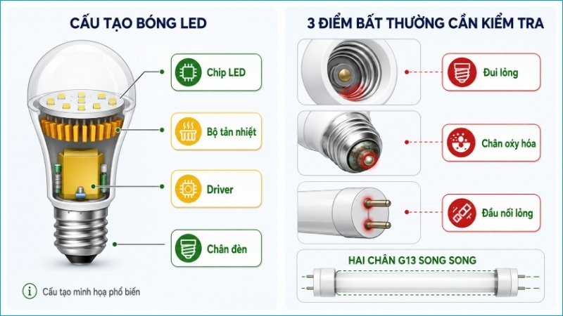 Driver, tản nhiệt và các điểm tiếp xúc là những vị trí cần được kiểm tra