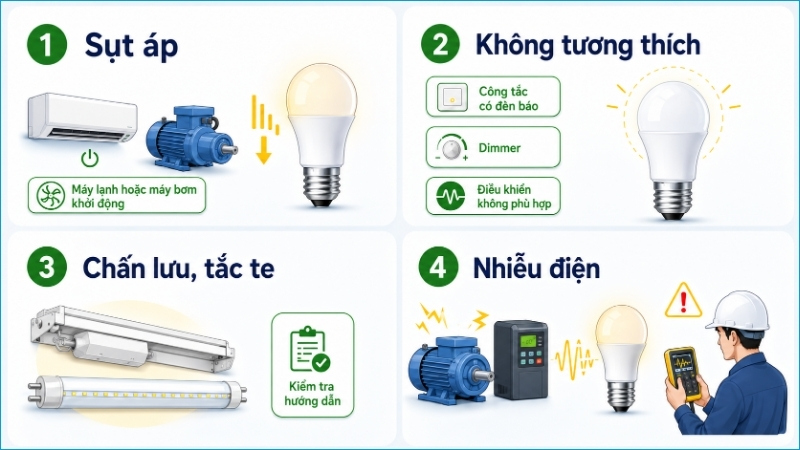 Nguồn điện, công tắc và thiết bị điều khiển cũng có thể làm đèn LED chớp
