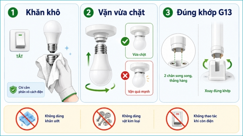 Chỉ vệ sinh và lắp lại bóng sau khi đã ngắt hoàn toàn nguồn điện