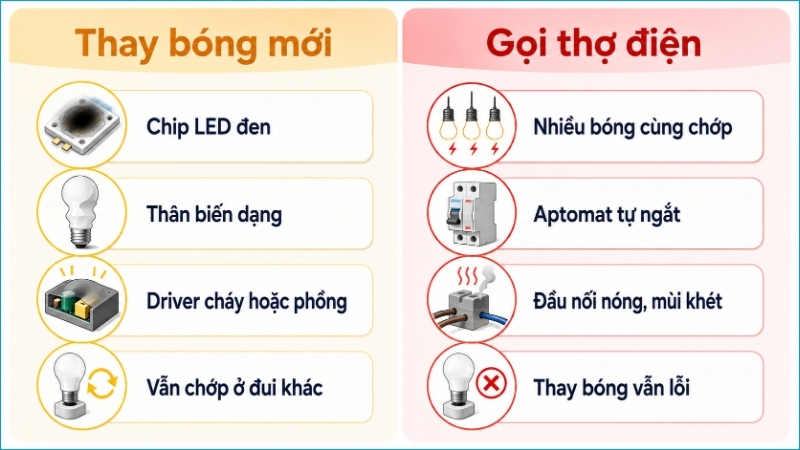 Thay bóng khi linh kiện xuống cấp; gọi thợ khi sự cố liên quan đến hệ thống điện