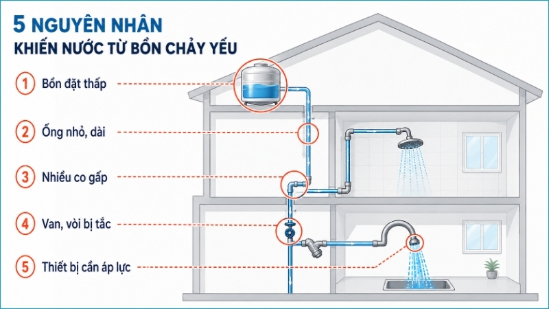 Các yếu tố thường làm nước từ bồn chảy yếu hơn tại điểm sử dụng