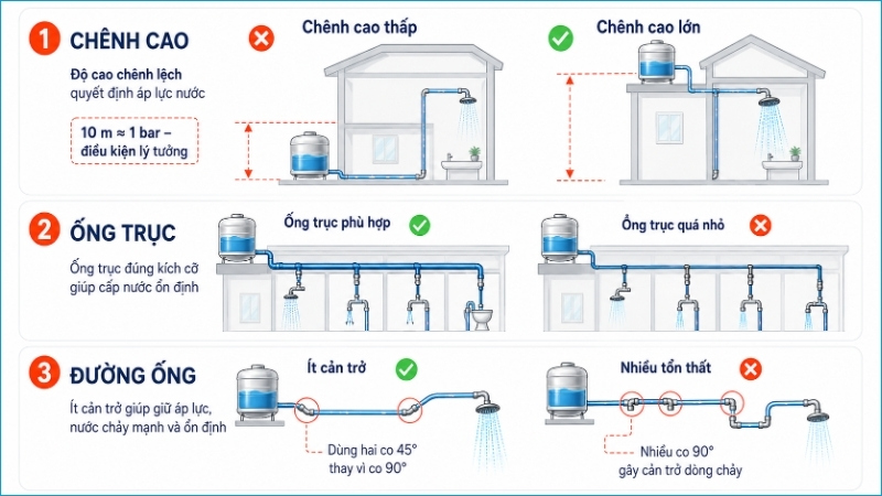 Độ cao tạo áp suất, còn cỡ ống và tuyến đi quyết định mức thất thoát