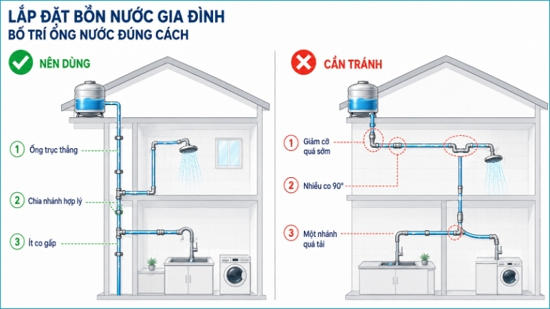 Ống trục thẳng, ít co và chia nhánh hợp lý giúp giảm cản trở dòng nước