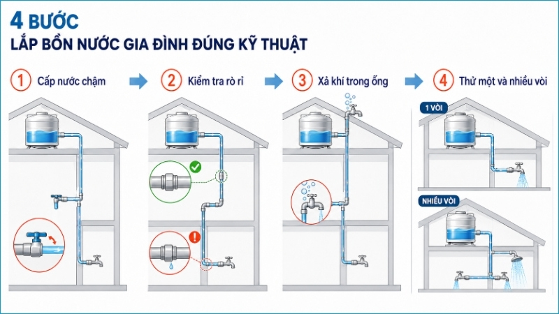 Sau khi lắp cần thử rò rỉ, xả khí và kiểm tra lưu lượng tại nhiều điểm