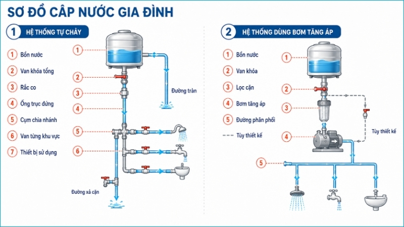 Hai phương án cấp nước cần thể hiện rõ thiết bị và chiều dòng chảy