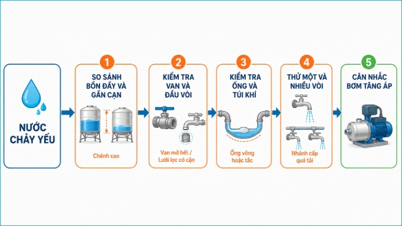 Nên kiểm tra từ nguyên nhân đơn giản trước khi bổ sung máy bơm tăng áp