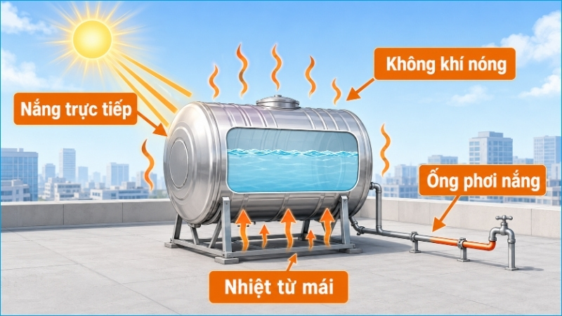 Ánh nắng, mặt mái và đường ống đều có thể truyền nhiệt vào hệ thống nước