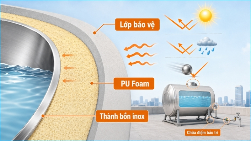 PU Foam cần có lớp bảo vệ ngoài và không che các điểm kiểm tra của bồn