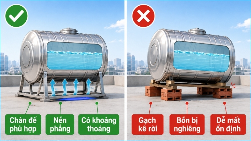Téc nước cần đặt trên chân đế phù hợp và nền phẳng, không kê bằng vật liệu tạm bợ