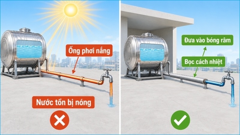 Đường ống phơi nắng có thể làm phần nước đầu vòi nóng hơn nước trong bồn