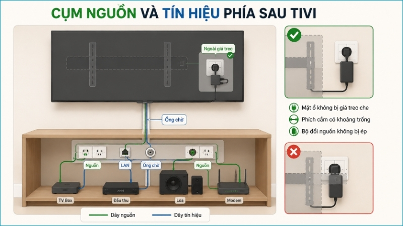 Cụm nguồn sau màn hình nên được tách với cụm thiết bị đặt thấp sau kệ tivi Cụm nguồn sau màn hình nên được tách với cụm thiết bị đặt thấp sau kệ tivi