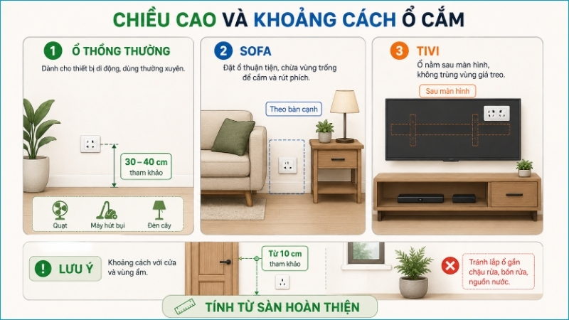 Chiều cao ổ cắm cần tính từ sàn hoàn thiện và điều chỉnh theo từng khu vực sử dụng Chiều cao ổ cắm cần tính từ sàn hoàn thiện và điều chỉnh theo từng khu vực sử dụng