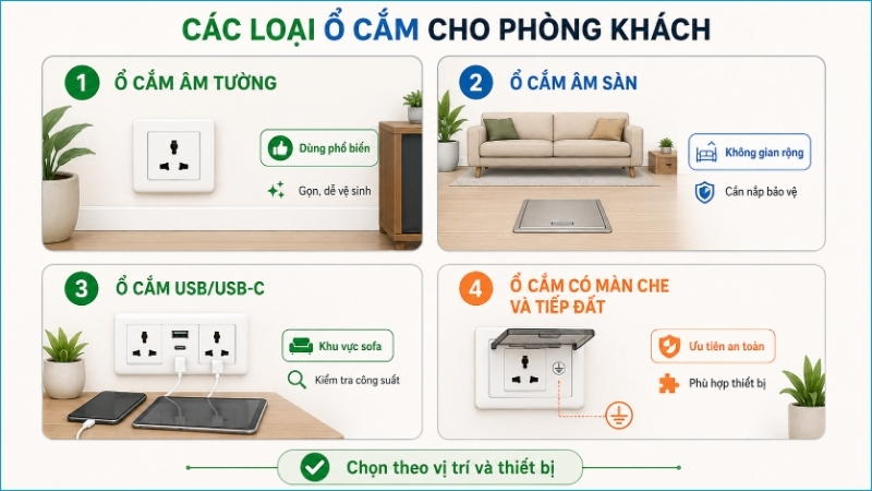 Mỗi loại ổ cắm phù hợp với một vị trí và nhu cầu sử dụng khác nhau Mỗi loại ổ cắm phù hợp với một vị trí và nhu cầu sử dụng khác nhau