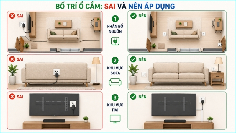 Phân bổ ổ cắm theo khu vực giúp hạn chế dây nối và tránh nội thất che khuất Phân bổ ổ cắm theo khu vực giúp hạn chế dây nối và tránh nội thất che khuất