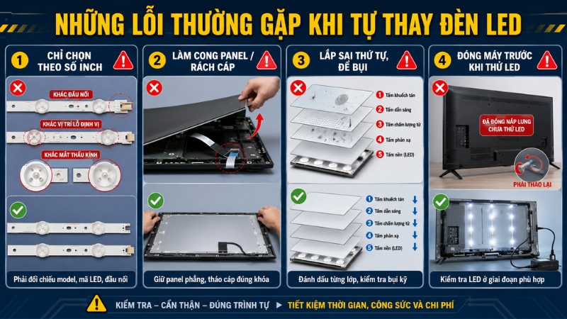 Tránh chọn sai LED, làm cong panel, lắp nhầm lớp và thử máy không đúng kỹ thuật