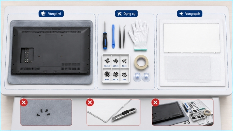Bàn thao tác cần rộng, sạch và có khu vực riêng cho panel cùng các lớp quang học
