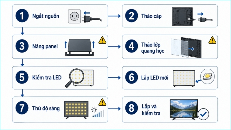 Toàn bộ quá trình gồm tám giai đoạn từ ngắt nguồn đến kiểm tra sau khi lắp lại