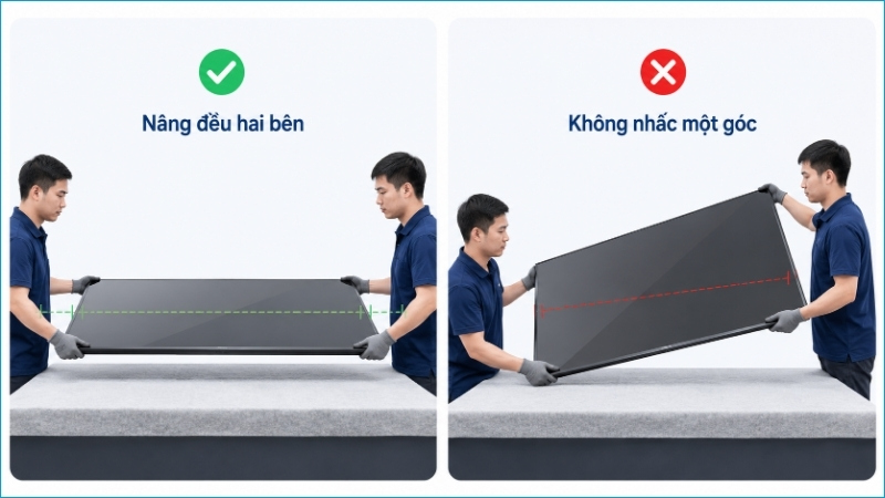 Panel cần được nâng đều hai bên và luôn giữ phẳng trong lúc di chuyển