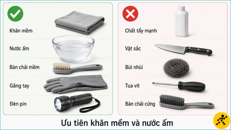 Khăn mềm và nước ấm phù hợp hơn các chất tẩy mạnh hoặc vật liệu mài mòn Khăn mềm và nước ấm phù hợp hơn các chất tẩy mạnh hoặc vật liệu mài mòn