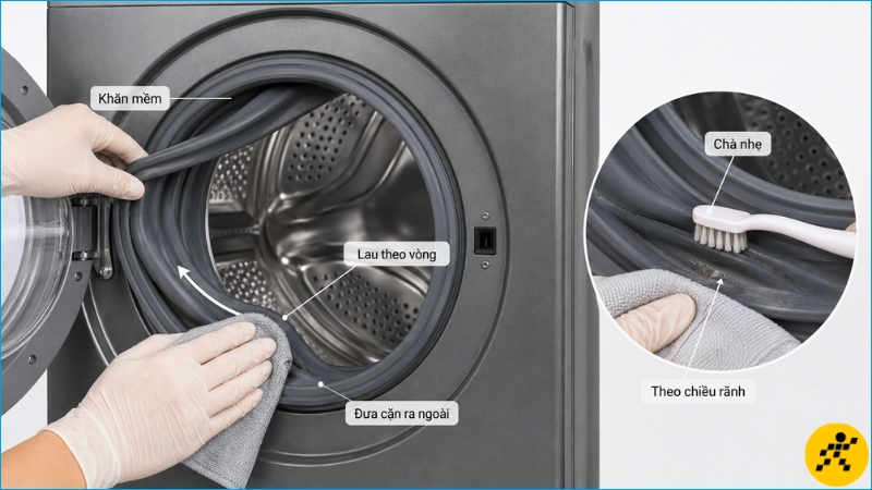 Lau gioăng theo đường cong và dùng bàn chải mềm cho những rãnh khó tiếp cận Lau gioăng theo đường cong và dùng bàn chải mềm cho những rãnh khó tiếp cận