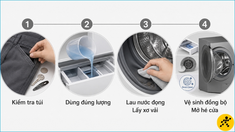 Kiểm tra túi, dùng lượng chất giặt tẩy phù hợp và lau khô gioăng sau mỗi lần giặt Kiểm tra túi, dùng lượng chất giặt tẩy phù hợp và lau khô gioăng sau mỗi lần giặt