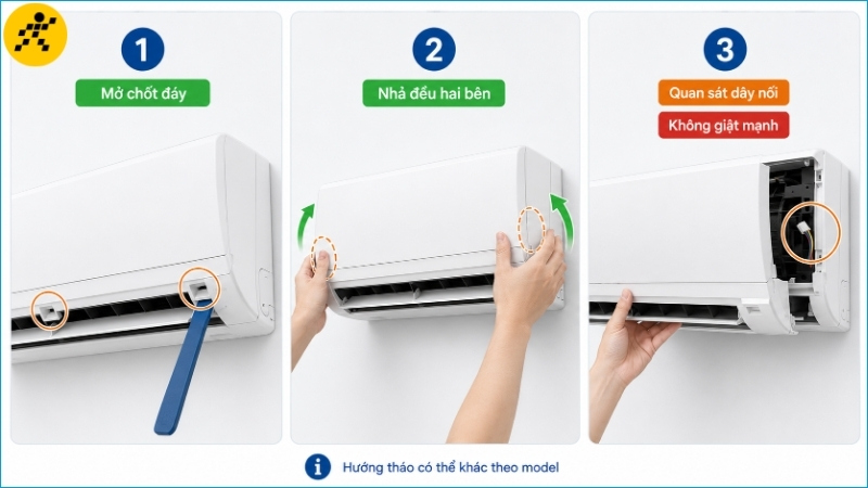 Mở chốt và nhả ngàm đều hai bên trước khi nhẹ nhàng đưa khung vỏ ra ngoài