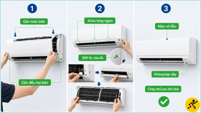 Lắp phần trên trước, khóa ngàm đều hai bên rồi kiểm tra dây và lá đảo gió