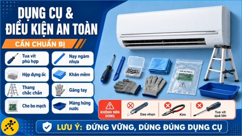 Chuẩn bị đúng dụng cụ và bảo hộ giúp tháo vỏ máy lạnh an toàn, tránh hư hỏng