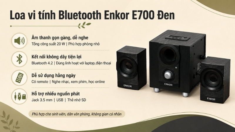 Loa vi tính Bluetooth Enkor E700 Đen khá phù hợp với sinh viên và người ở phòng trọ Loa vi tính Bluetooth Enkor E700 Đen khá phù hợp với sinh viên và người ở phòng trọ