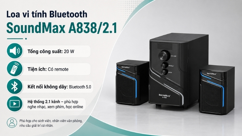 Loa vi tính Bluetooth SoundMax A838/2.1 là lựa chọn hợp lý cho sinh viên, nhân viên văn phòng Loa vi tính Bluetooth SoundMax A838/2.1 là lựa chọn hợp lý cho sinh viên, nhân viên văn phòng