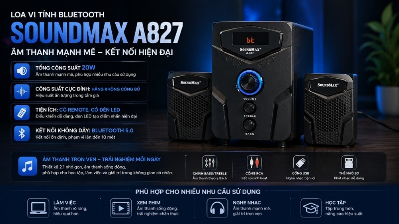 Loa vi tính Bluetooth Soundmax A827 dành cho bạn nào muốn một bước nâng cấp hơn so với các mẫu loa 2.0 cơ bản Loa vi tính Bluetooth Soundmax A827 dành cho bạn nào muốn một bước nâng cấp hơn so với các mẫu loa 2.0 cơ bản