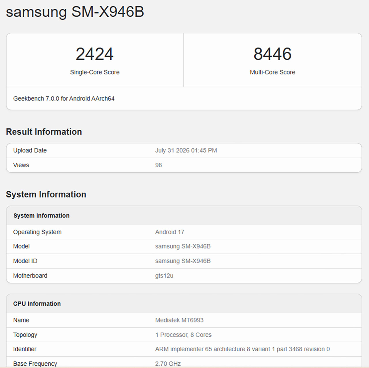 Galaxy Tab S12 Ultra lộ diện trên Geekbench Galaxy Tab S12 Ultra lộ diện trên Geekbench