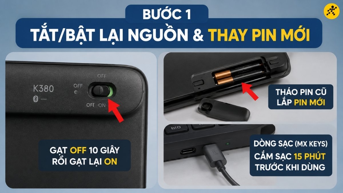 Bước 1: Tắt/Bật lại nguồn và thay pin mới Bước 1: Tắt/Bật lại nguồn và thay pin mới