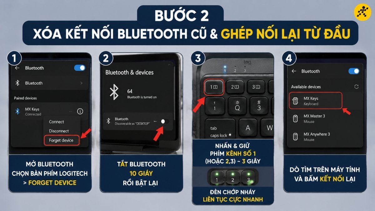 Xóa kết nối Bluetooth cũ và ghép nối lại Xóa kết nối Bluetooth cũ và ghép nối lại